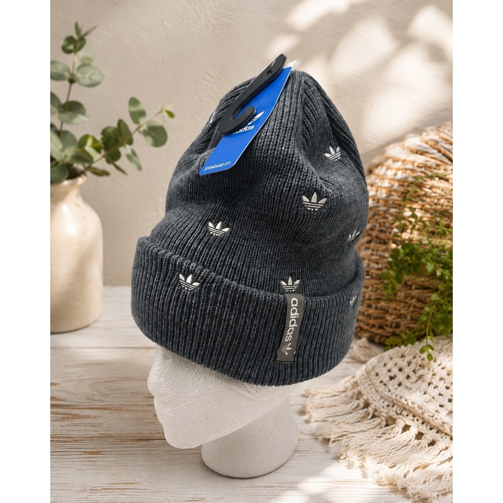 NWT Adidas Beanie Hat Women's Allover Print Embroidery White Gray